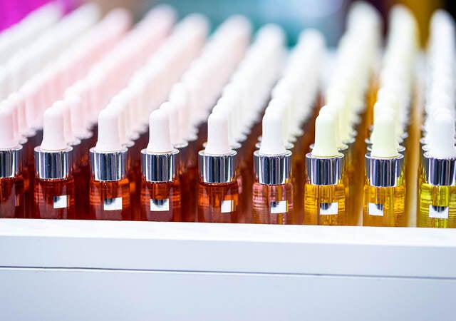 Cosmetic bottles on a shelf