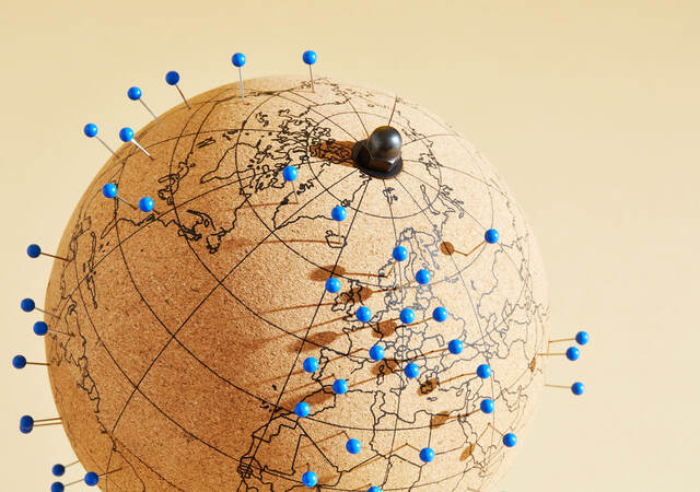 Cork globe with blue push pins