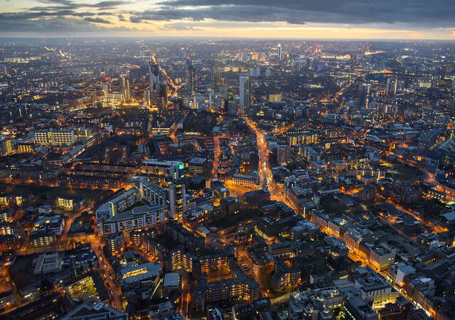 Arial view of London at dusk.