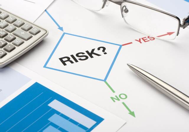 Office supplies over drawing of risk mapping.