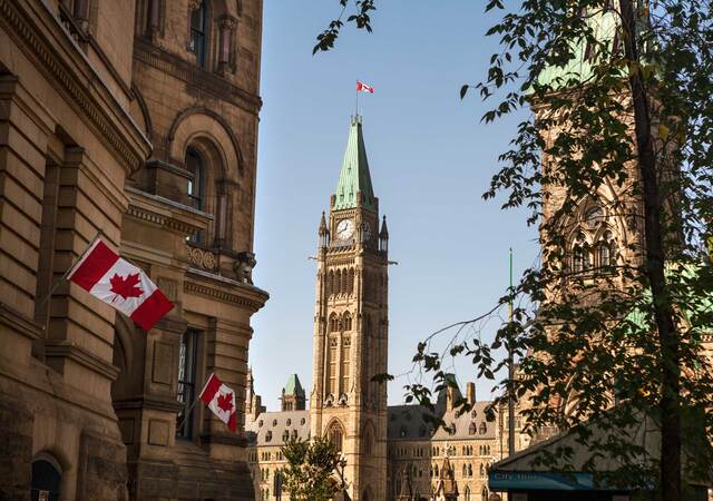 Canadian flags flying at Parliament Hill in Ottawa, Canada