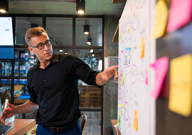 Person pointing at a whiteboard with lots of post-its on it