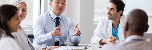 Group of medical professionals having a discussion around a table