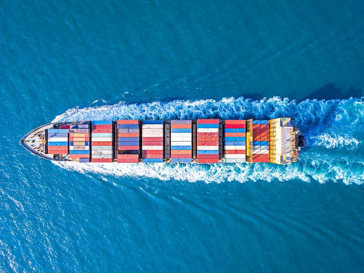 Aerial view of a container ship at sea